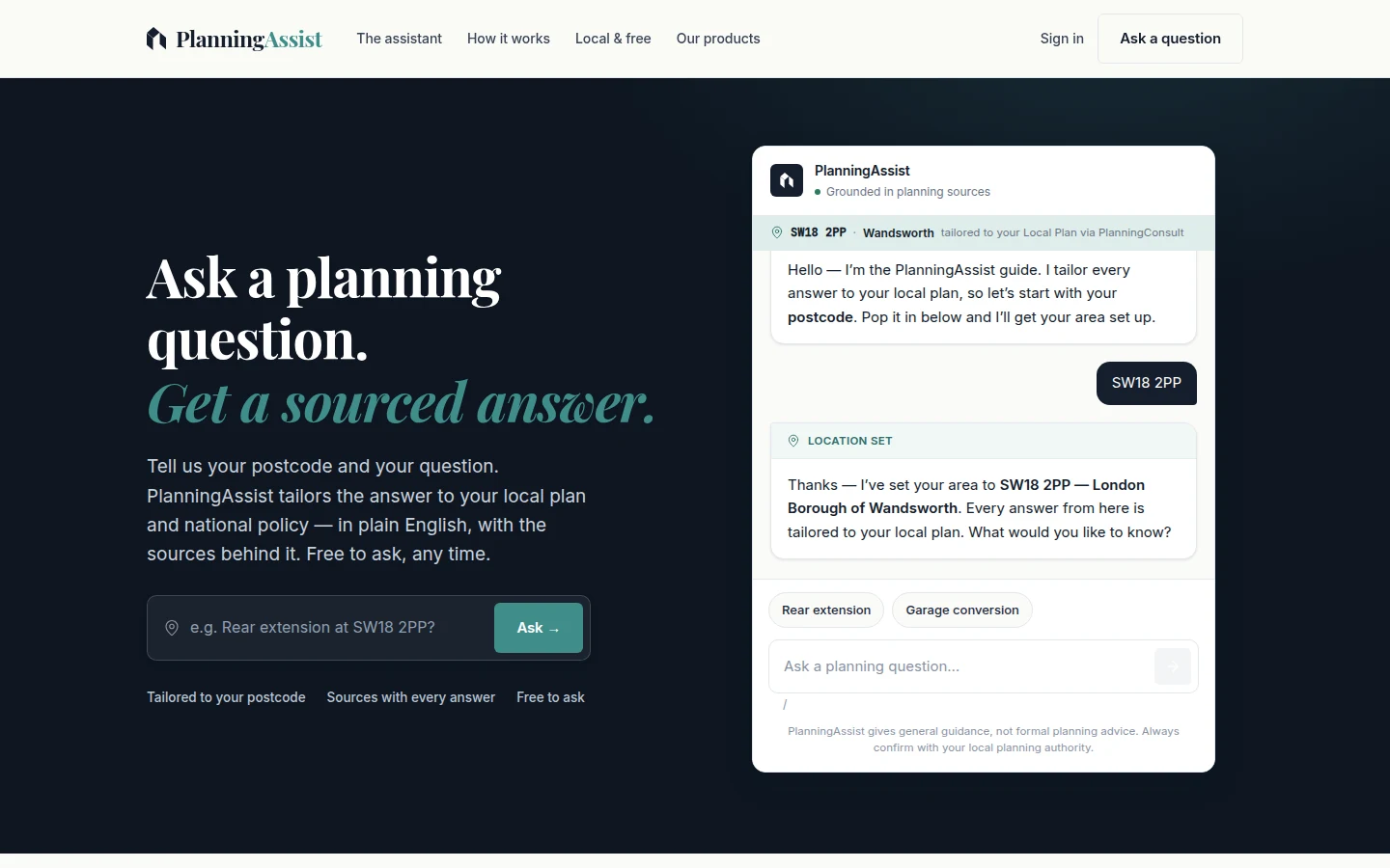 Planning Assist home page: a question box for a planning question, with a sourced answer panel