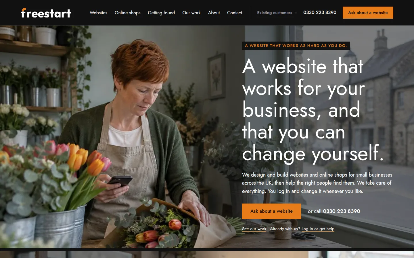 freestart.com home page: a florist at work beside the headline about a website that works for the business