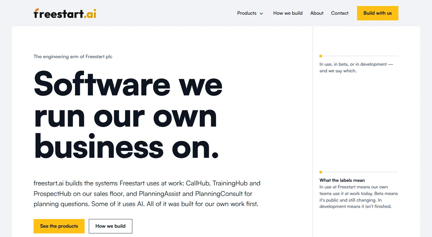 freestart.ai home page: the freestart.ai logo above the headline “Software we run our own business on.”, with buttons to the products and how it builds