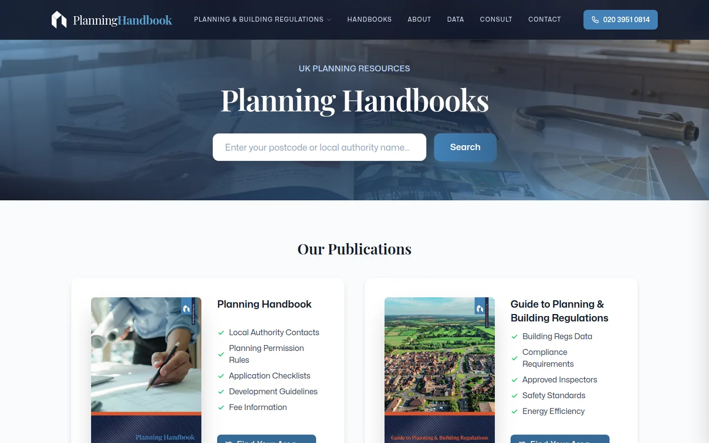 Planning Handbook handbooks page: a search band and the two publications with their covers