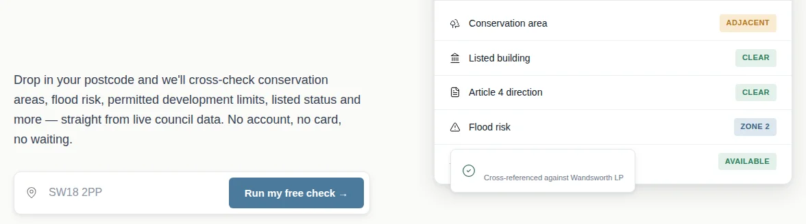 Planning Consult: a postcode box beside a constraints report with a row and a status for each check